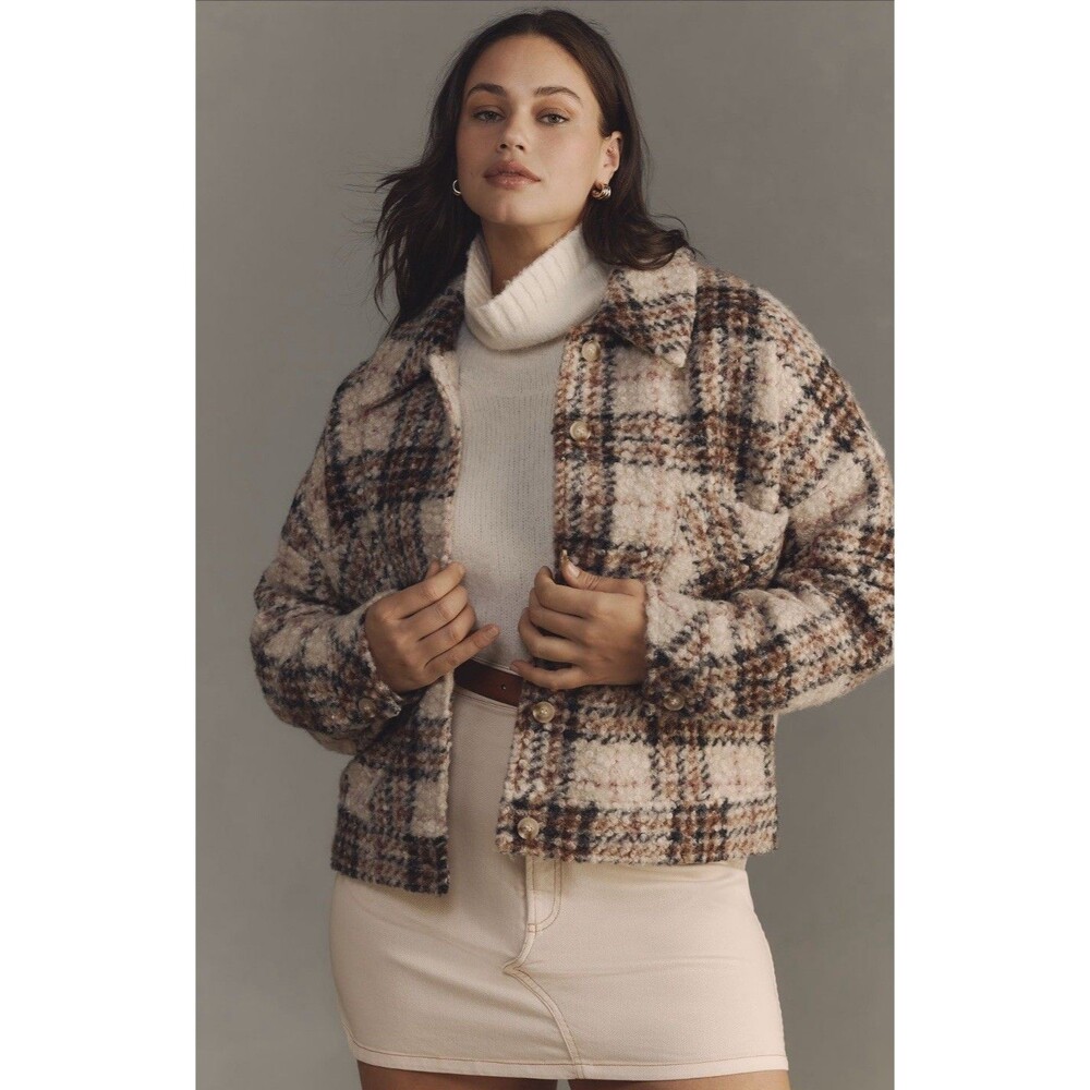 Greylin Athropologie Cropped Jacket Women Brown Plaid Fuzzy Boho Size XL NWT